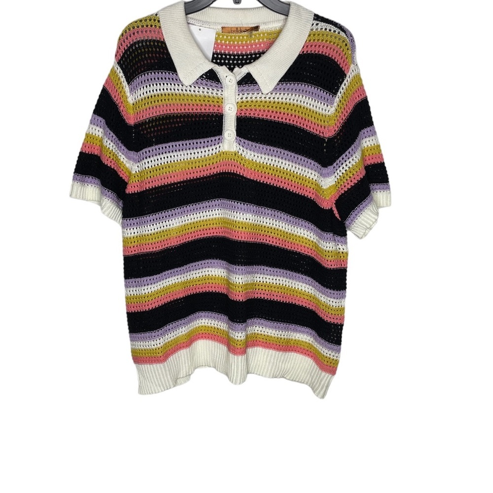 Belldini Open Knit Striped Polo Sweater Top Multi Colored NWT
